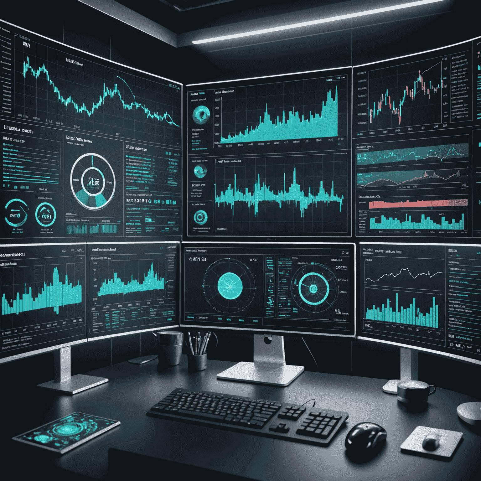 A futuristic visualization of AI analyzing market data, showing holographic charts, graphs, and financial symbols floating above a sleek, modern computer interface. The image conveys the power of artificial intelligence in decoding complex market trends.