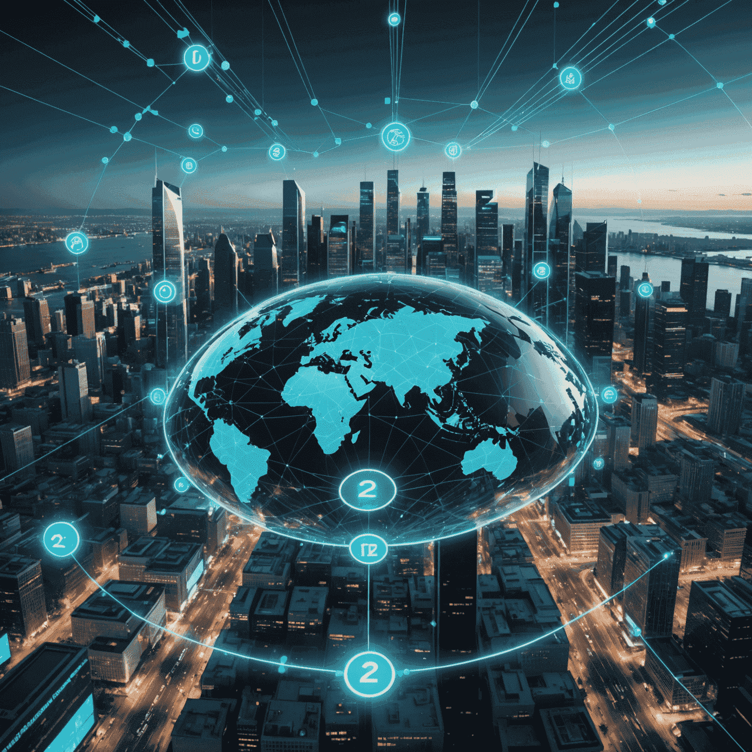 A futuristic visualization of AI analyzing economic data, with holographic charts and graphs floating above a cityscape representing global markets. The image showcases bright cyan lines connecting various data points, symbolizing AI's ability to find patterns in complex economic systems.