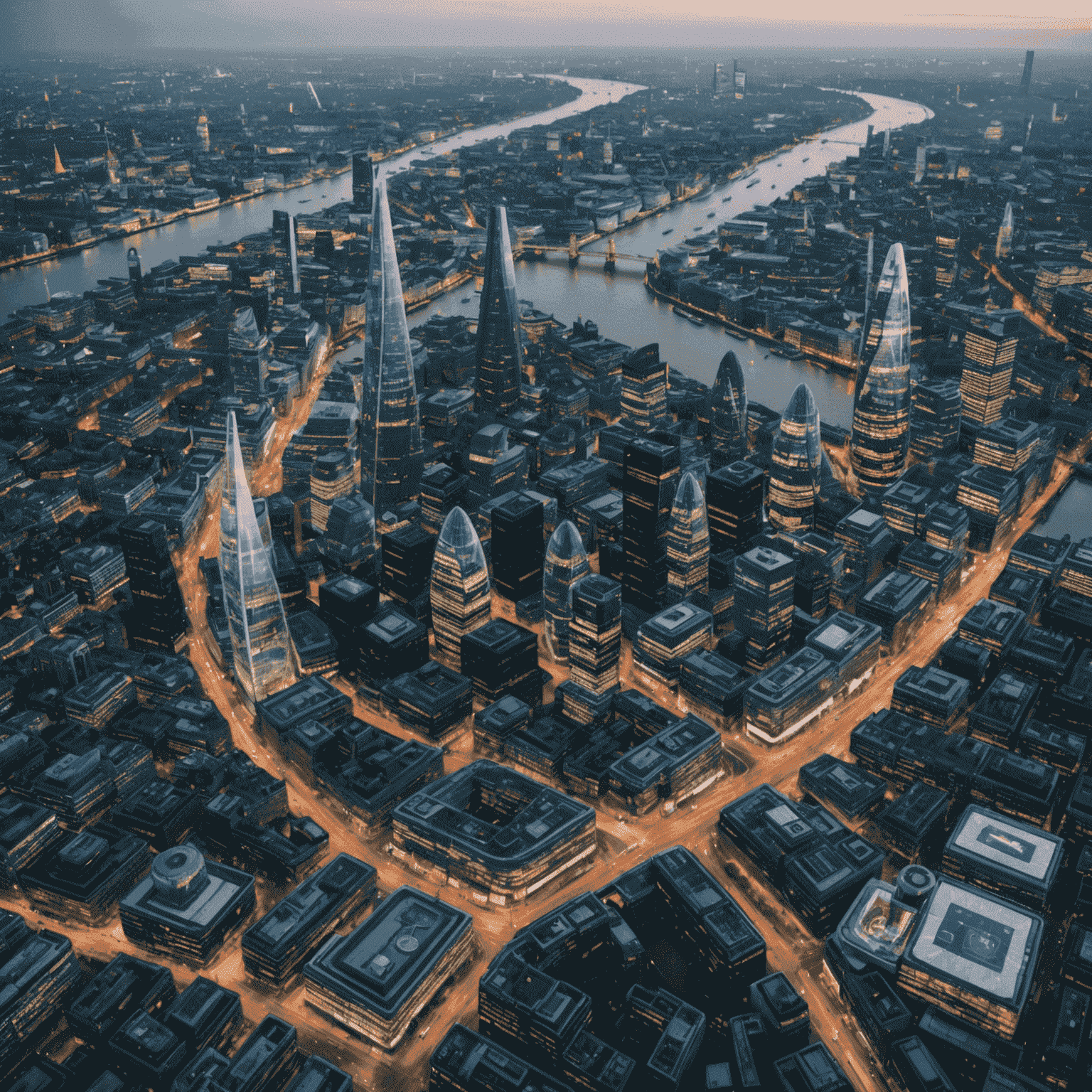 An aerial view of London's skyline with digital overlays showing tech company locations, data streams, and AI hotspots across the city.