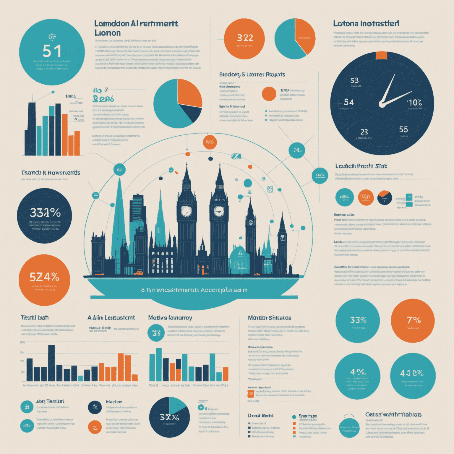 Infographic showing the growth of AI investments in London over the past 5 years, with bar charts and icons representing different tech sectors