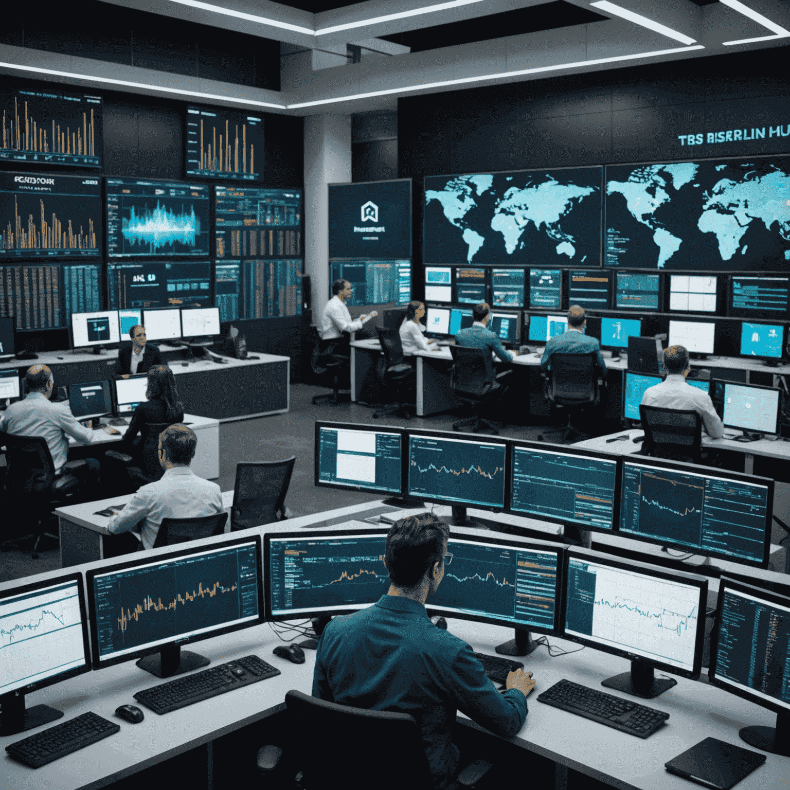 A sleek, modern trading floor with multiple screens displaying AI-generated market predictions and investment recommendations. Traders are shown interacting with holographic interfaces, highlighting the seamless integration of AI in financial decision-making.
