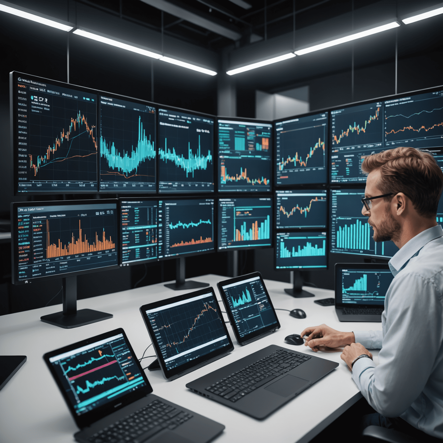 A complex 3D visualization of economic indicators and market fluctuations being analyzed and predicted by AI algorithms in real-time.